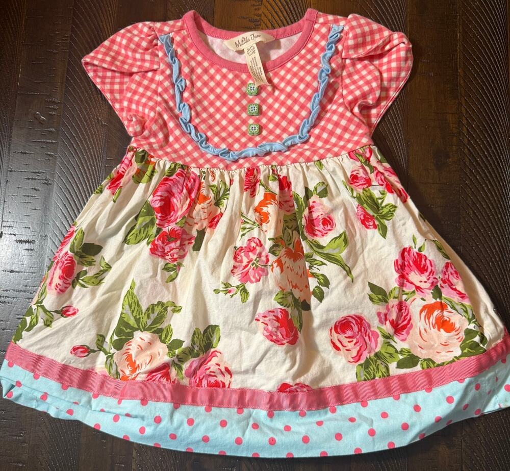 Matilda Jane Sunny Skies Dress Floral Pink Gingham Size 6-12 months Girls Dress